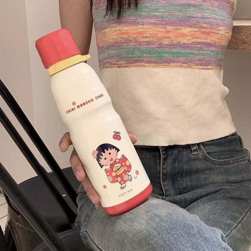 Pegue vazamentos!Copo Urso Cereja Maruko Joint Sports Thermos Cup 600ml Estudante Aço Inoxidável Grande Capacidade N