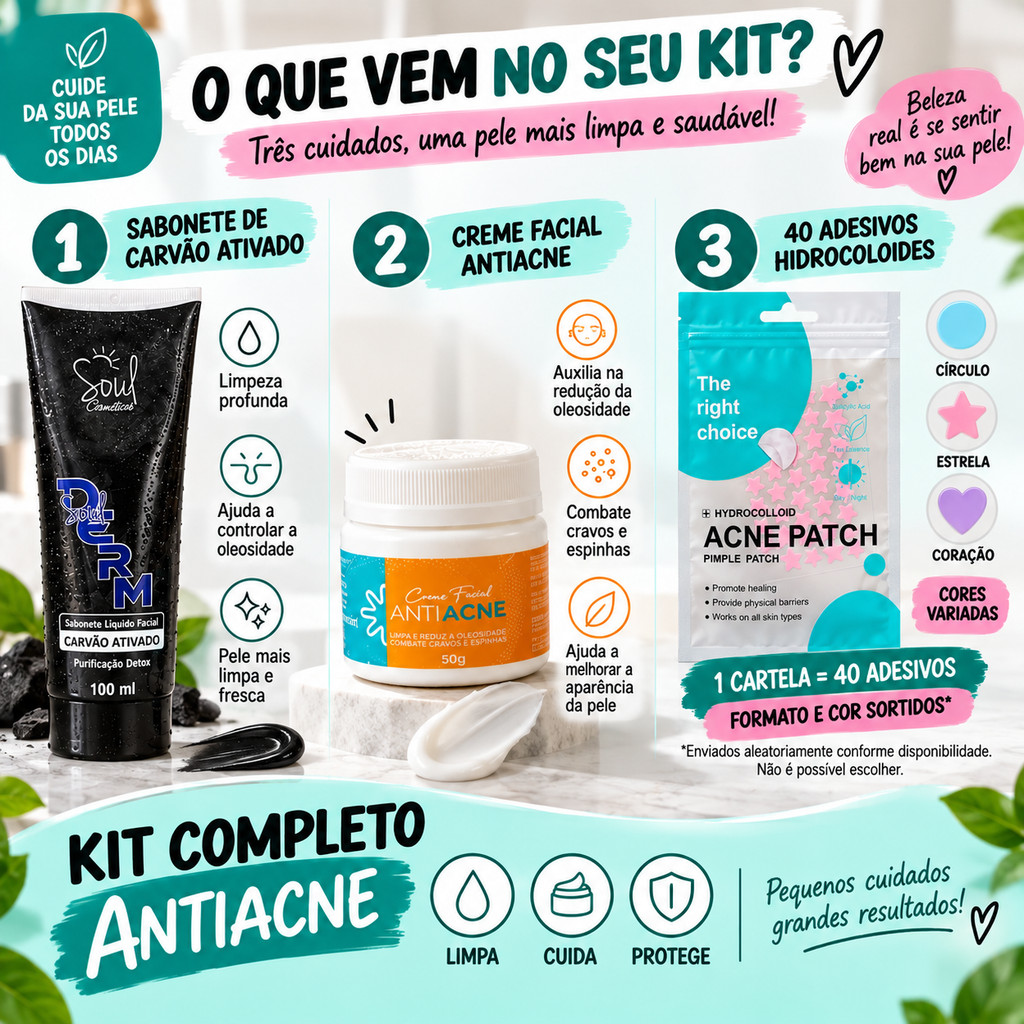 Kit Sabonete + Creme Antiacne + 40 Adesivos espinhas Skin Care completo para oleosidade e acnes