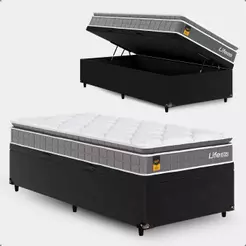 Cama Box Baú Solteiro Preto + Colchão Life D33 Pillow Top 61x88x188cm Cinza - e-Shop Casa