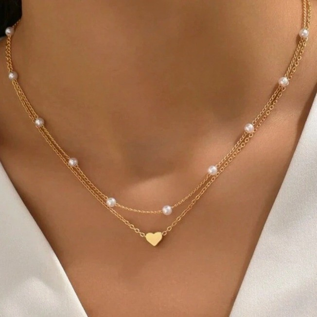 Colar de Pérolas em Forma de Coração, Versátil, com Pingente de Pérolas em Múltiplas Camadas, Colar de Clavícula para Mu