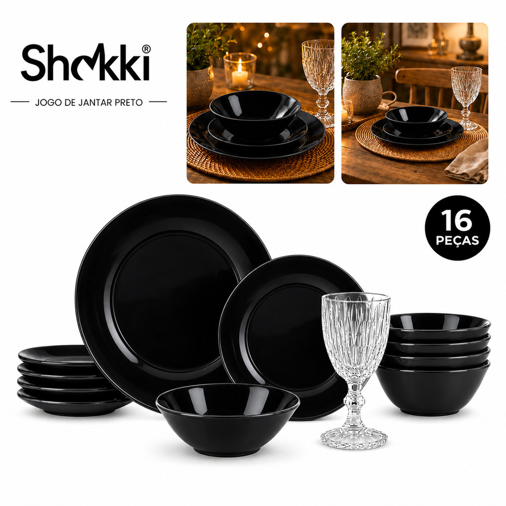 Aparelho de Jantar 16 Peças Opaline Louças 4 Pratos Rasos 4 Fundos 4 Sobremesa 4 Taças 320ml Serve 4 Pessoas Preto Tippi