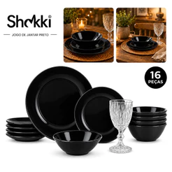 Aparelho de Jantar 16 Peças Opaline Louças 4 Pratos Rasos 4 Fundos 4 Sobremesa 4 Taças 320ml Serve 4 Pessoas Preto Tippi