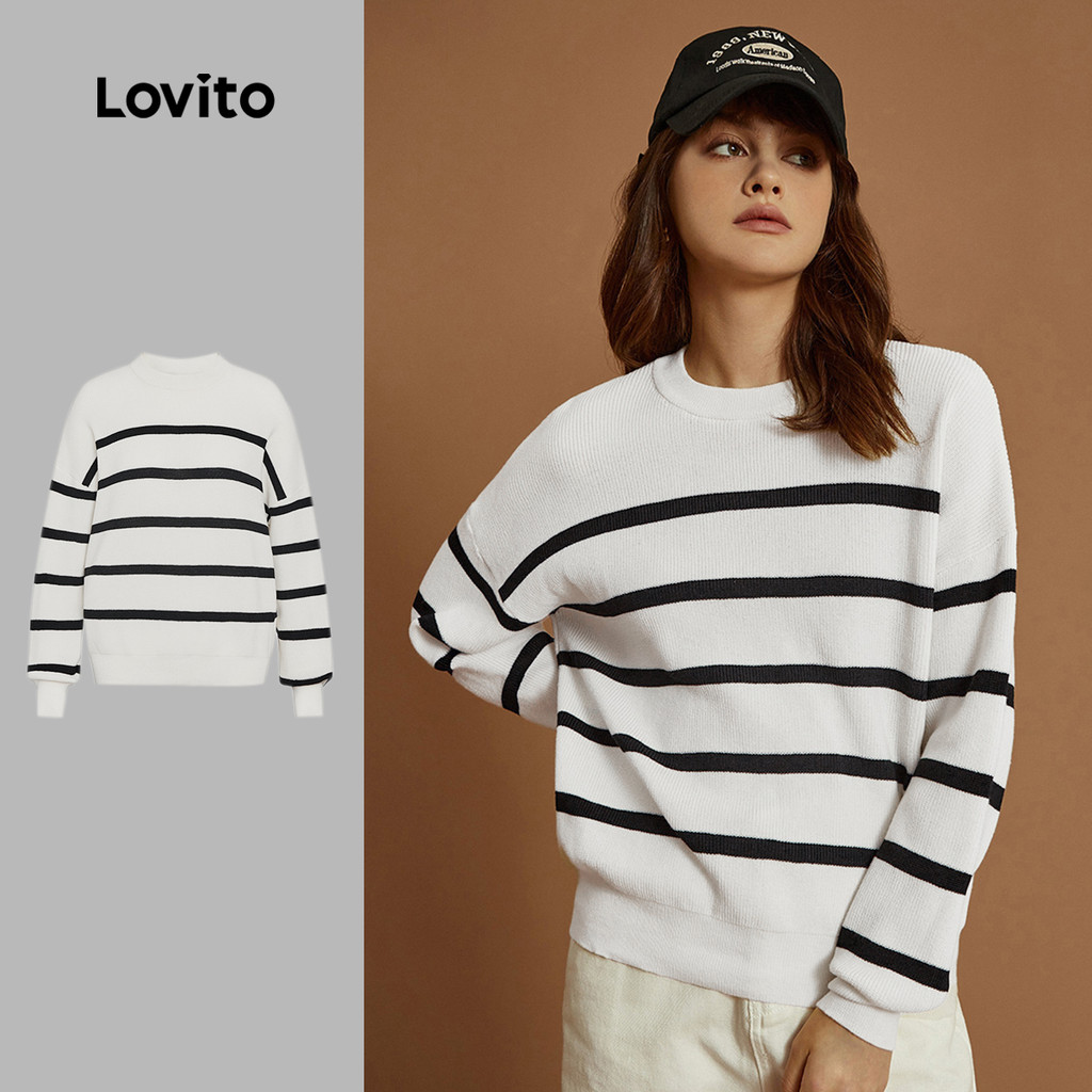 Lovito x Glenda Suéter Casual Solto Listrado Comprida Para Mulheres L32ud004 (branco-sujo)