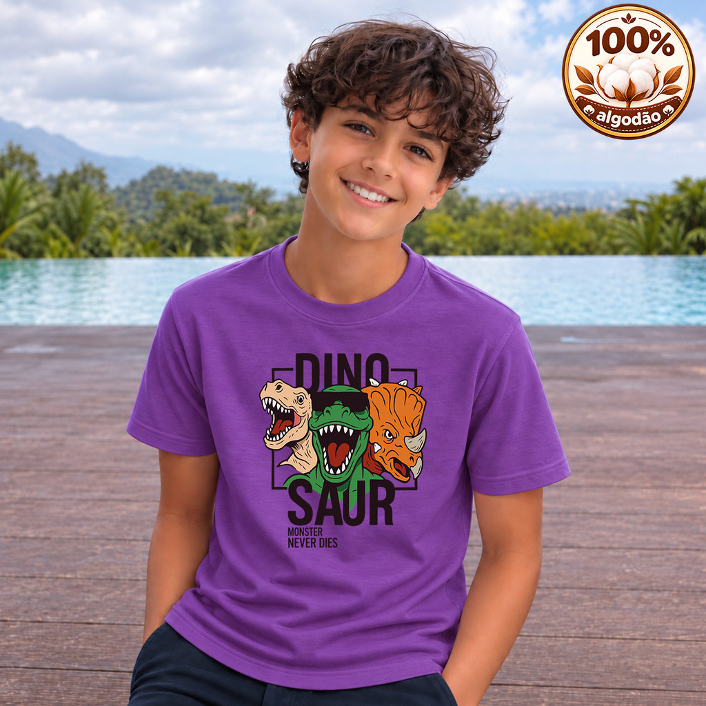 Camiseta Infantil Dinossauros Dinos 100% Algodão 2 ao 12 Anos Manga Curta Confortável para o Dia a Dia