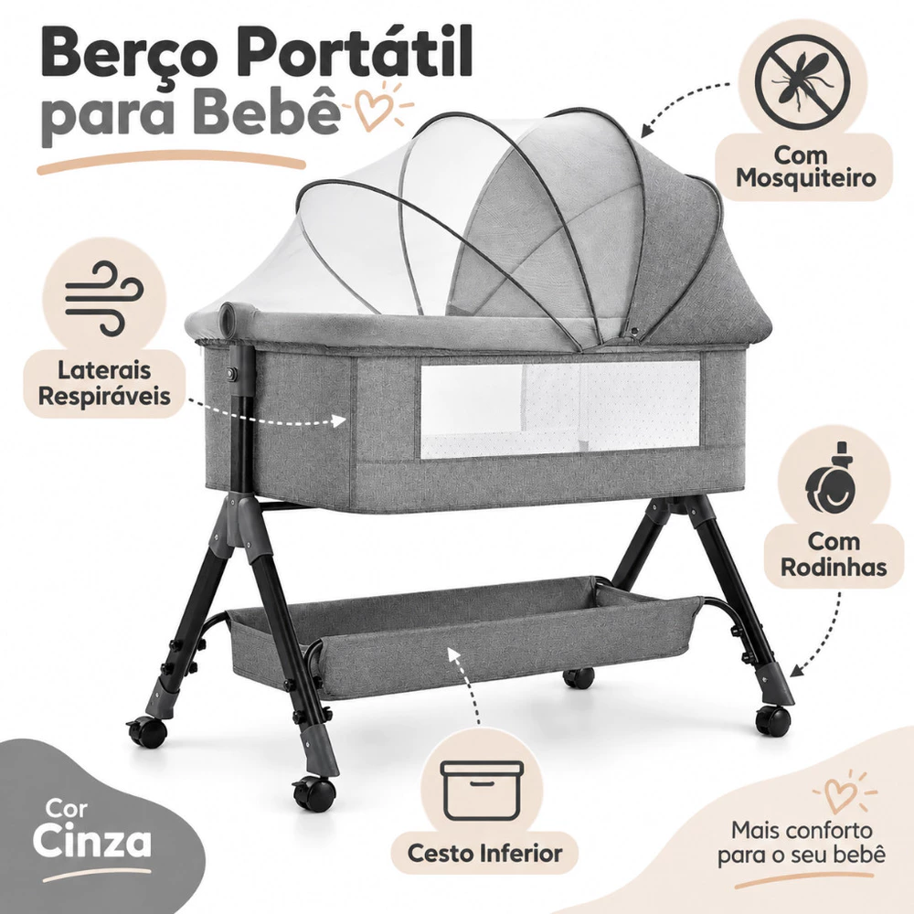 Berço Portátil 3 em 1 para Bebê com Trocador Mosquiteiro Colchão e Rodas