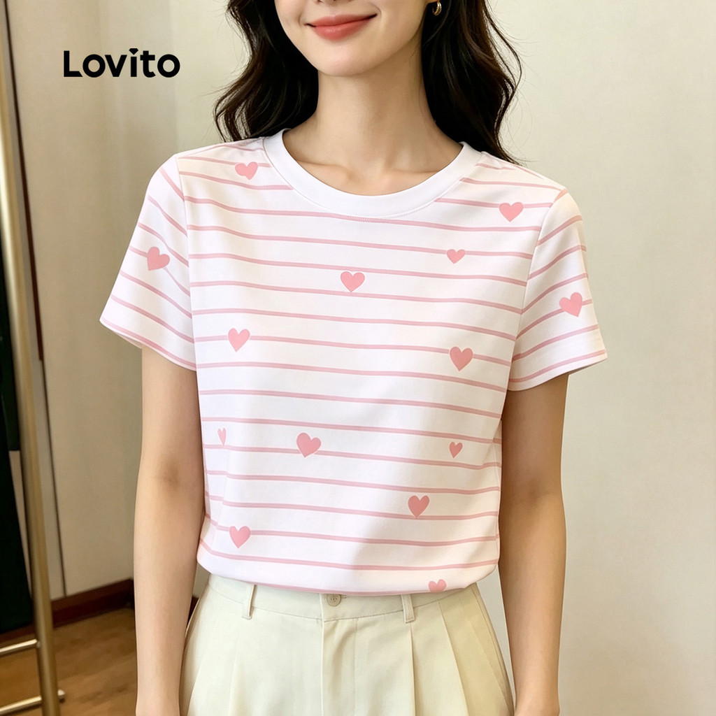 (New Arrival) Lovito Casual Camiseta Manga Curta Gola Redonda Rosa Coração Estampa Contraste Lazer Primavera Verão Fim De Semana Para Mulheres TSB204P1D633 — imagem 2 de 2