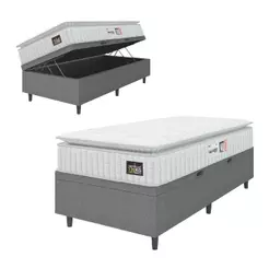 Cama Box Baú Colchão Solteiro Espuma D33 Vangogh Pillow Top 88x188x70cm Branco / Cinza Hellen
