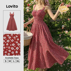 (New Arrival) Lovito Vestido Boho Feminino Longo Floral miúdo Plissado Corte a Casual primavera/verão Fim De semana/férias DRB39BR114