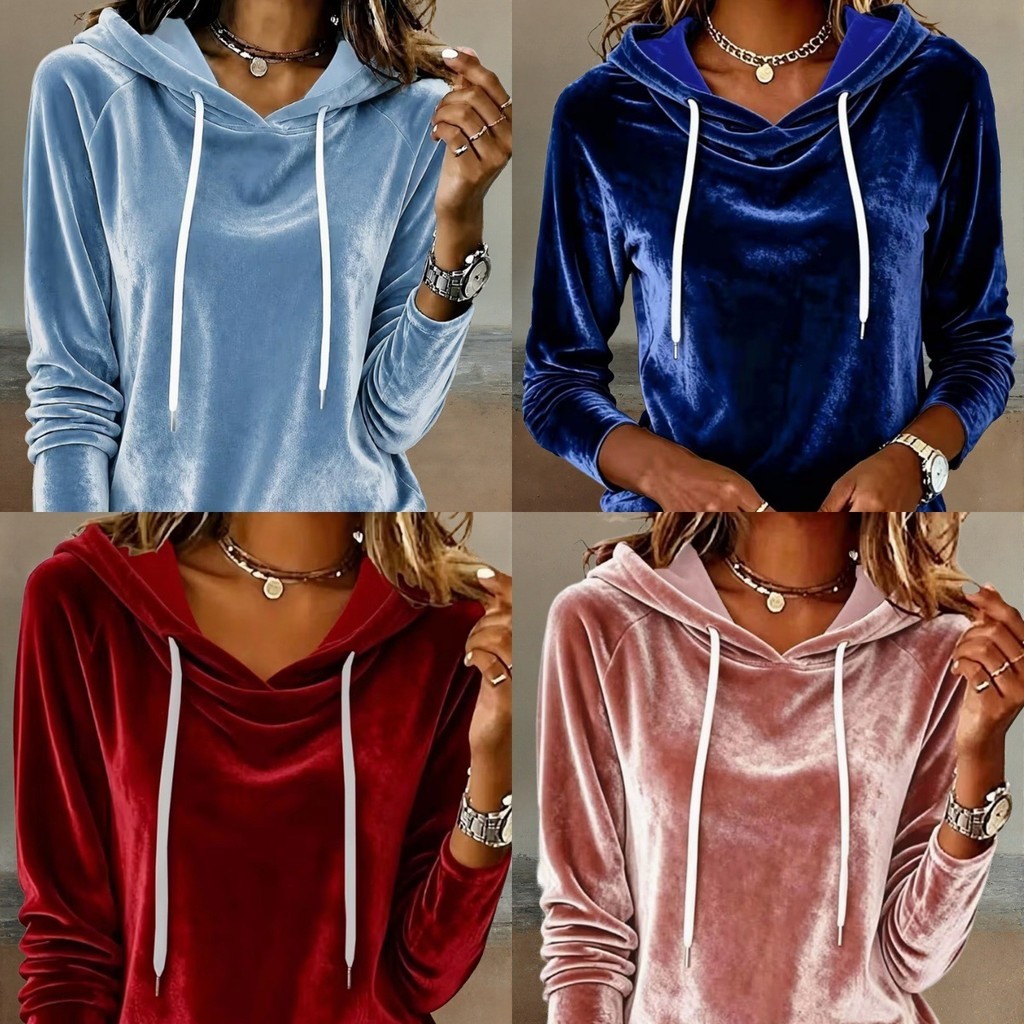 Outono inverno moda Casual europeu americano cor sólida veludo cordão com capuz moletom de manga comprida pulôver gola C