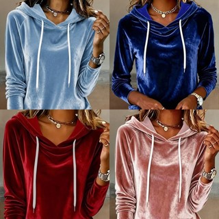 Outono inverno moda Casual europeu americano cor sólida veludo cordão com capuz moletom de manga comprida pulôver gola C