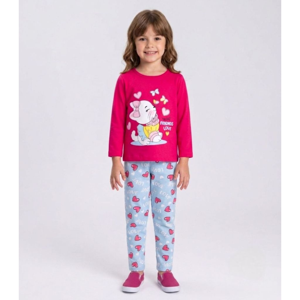 Conjunto Algodão Menina Blusa Longa E Calça Kappes Rosa