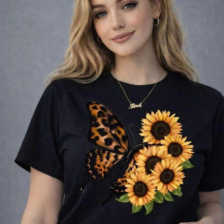 Camiseta Feminina Girassóis com Borboleta Estampada 100% Algodão Premium Casual Confortável