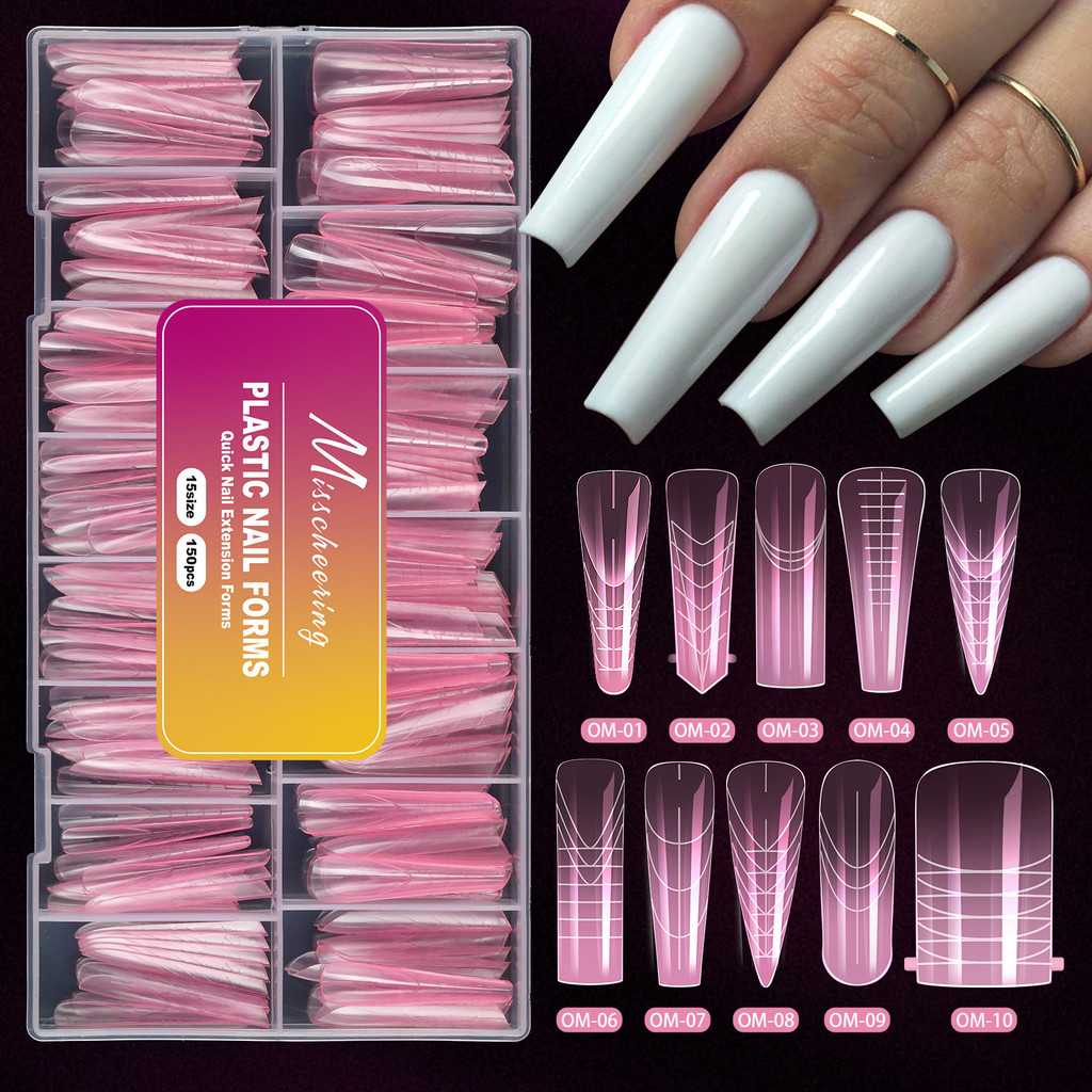 Kit de 150 peças de moldes de unhas de cristal rosa para alongamento de unhas sem papel, alongamento rápido de unhas com