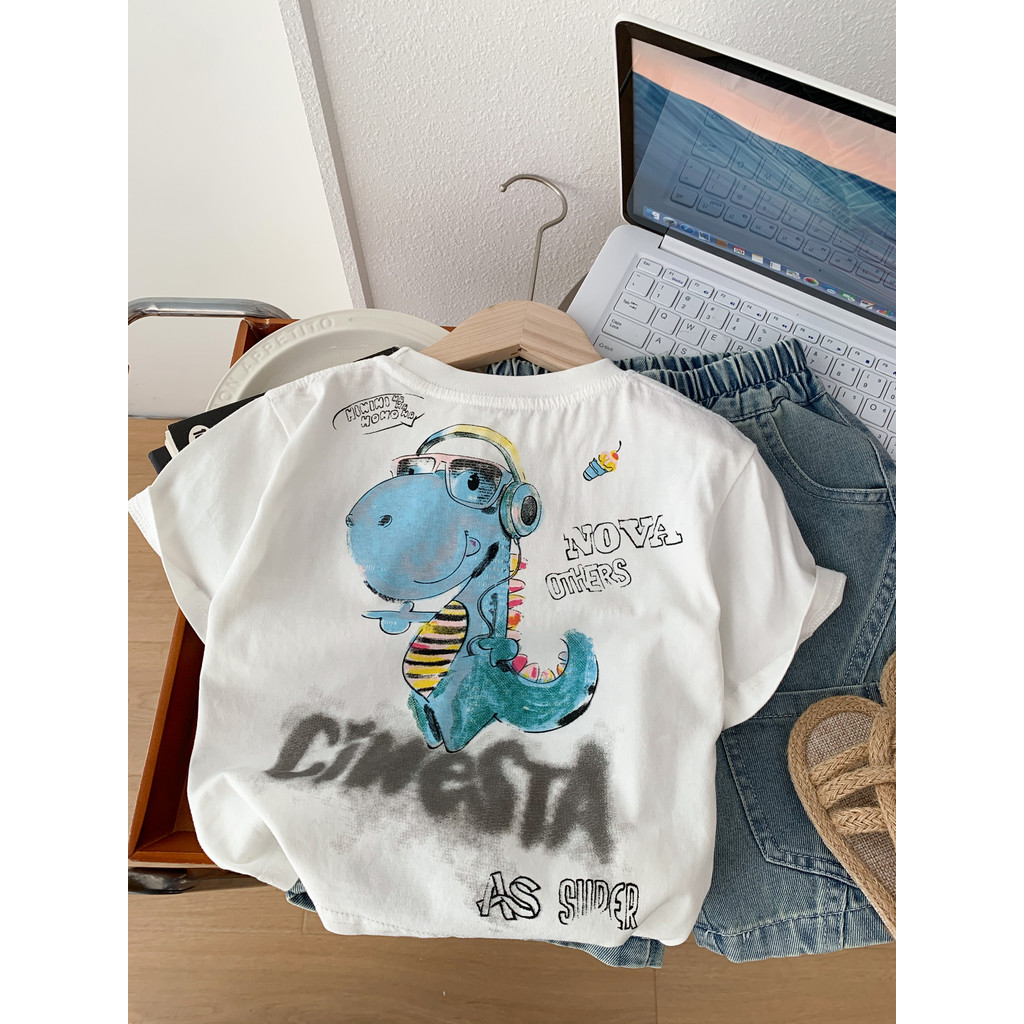 Meninos meninas dos desenhos animados camiseta de manga curta 2026 verão novo estilo crianças moda dinossauro meia manga