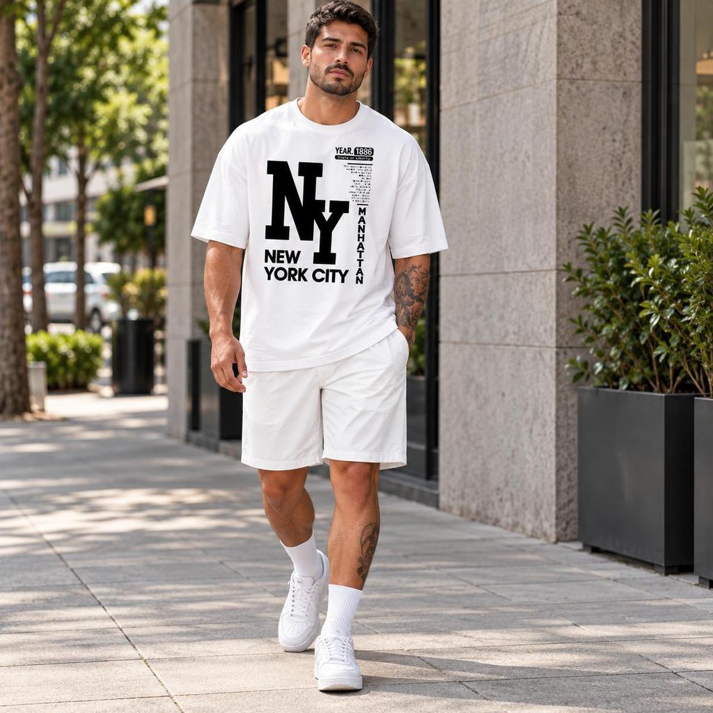Conjunto New York Branco Masculino Short e Camiseta Elastano Confortável