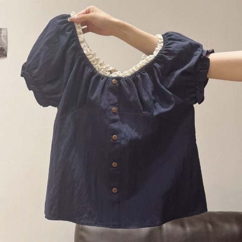 Verão novo produto temperamento novo estilo renda Design camisa solta tamanho grande mais magro olhar redução de idade r