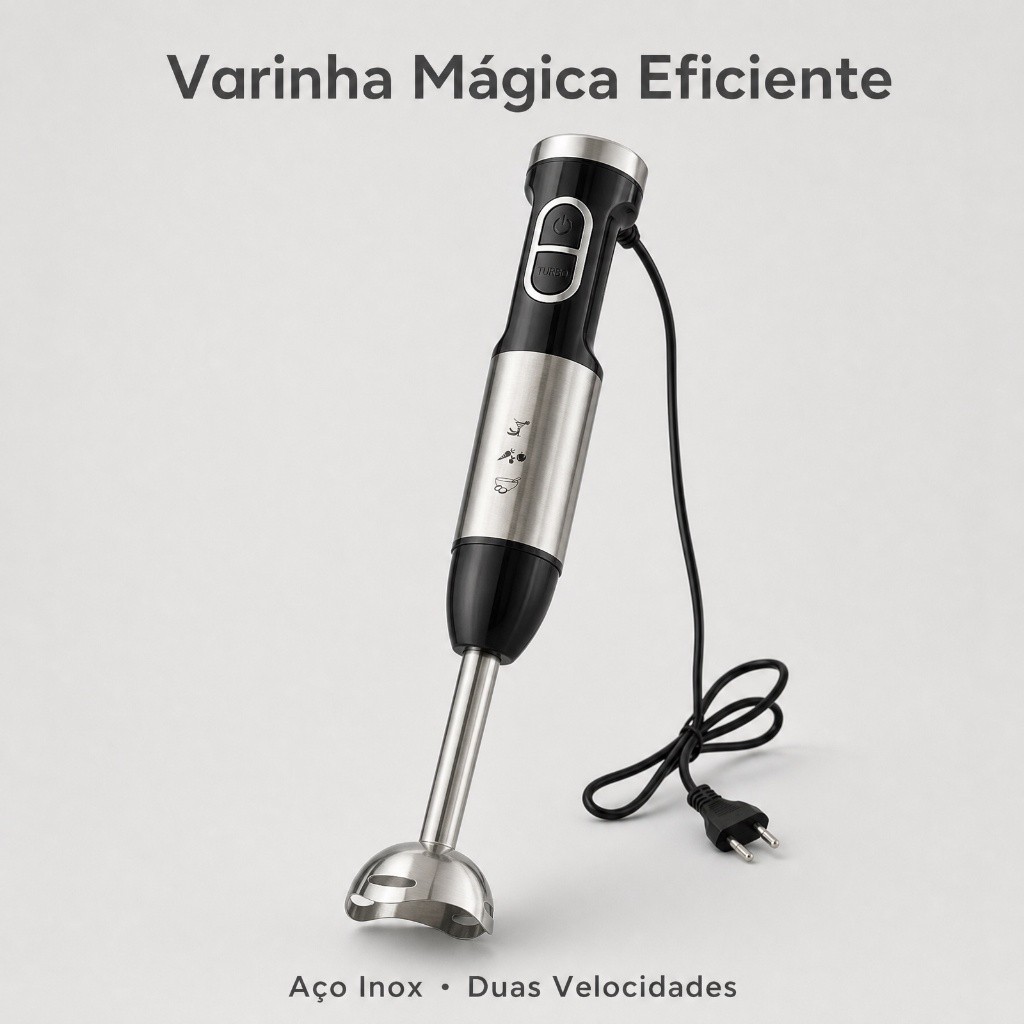 Mixer Elétrico Manual de Aço Inoxidável Alimentar, 2 Velocidades, Desmontável, para Preparar Papinhas, Batidos e Sopas