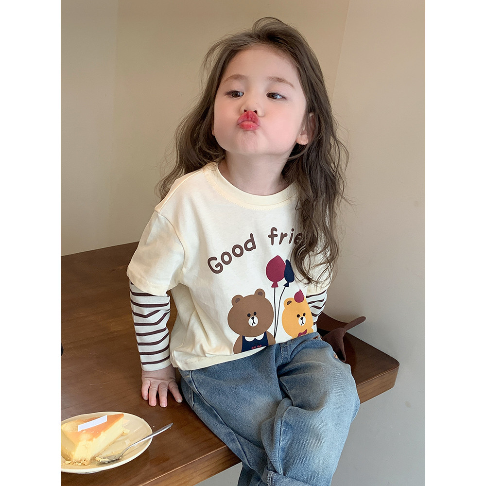 Meninas estilo ocidental falso de duas peças listrado camiseta crianças primavera outono puro algodão t bebê 2026 novo e