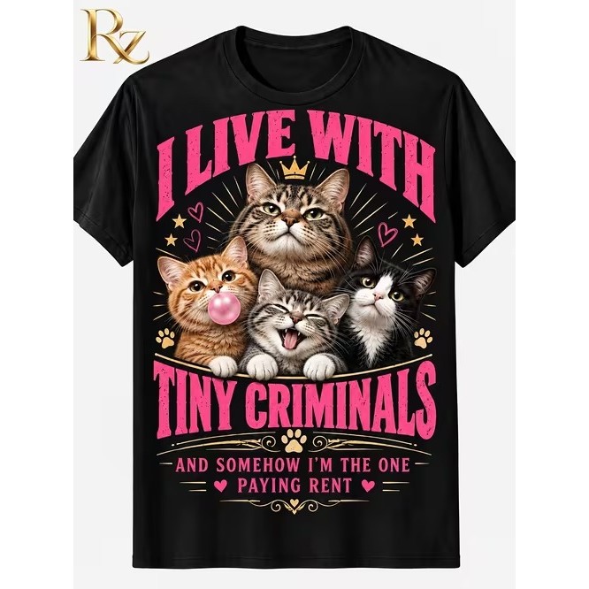Camiseta Manga Curta Estampada com Gatos Fofa Divertida Confortável Estilosa para Moda Casual Tendência Verão