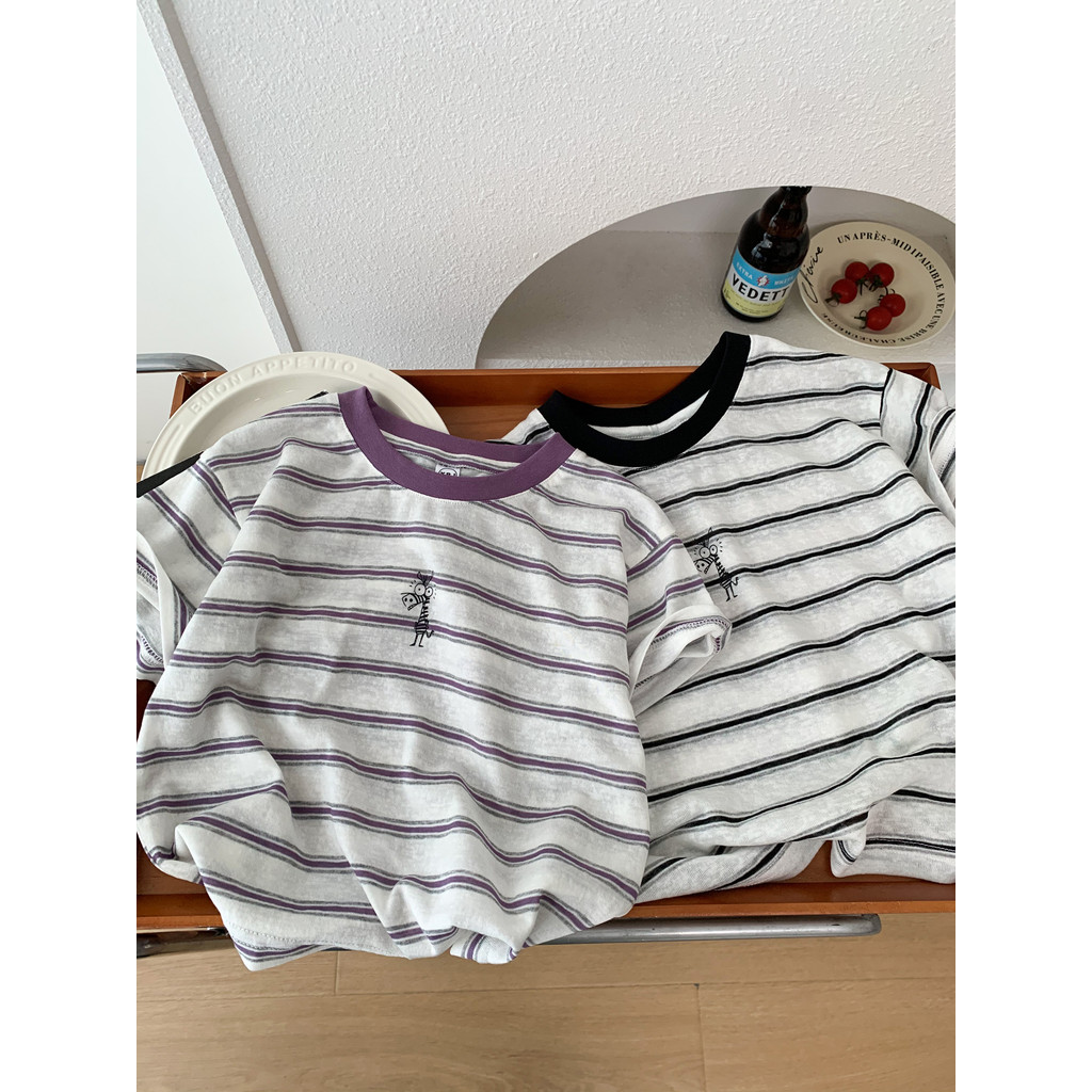 Meninos verão listrado camiseta de manga curta 2026 novo estilo crianças fino em torno do pescoço Lyocell respirável mei