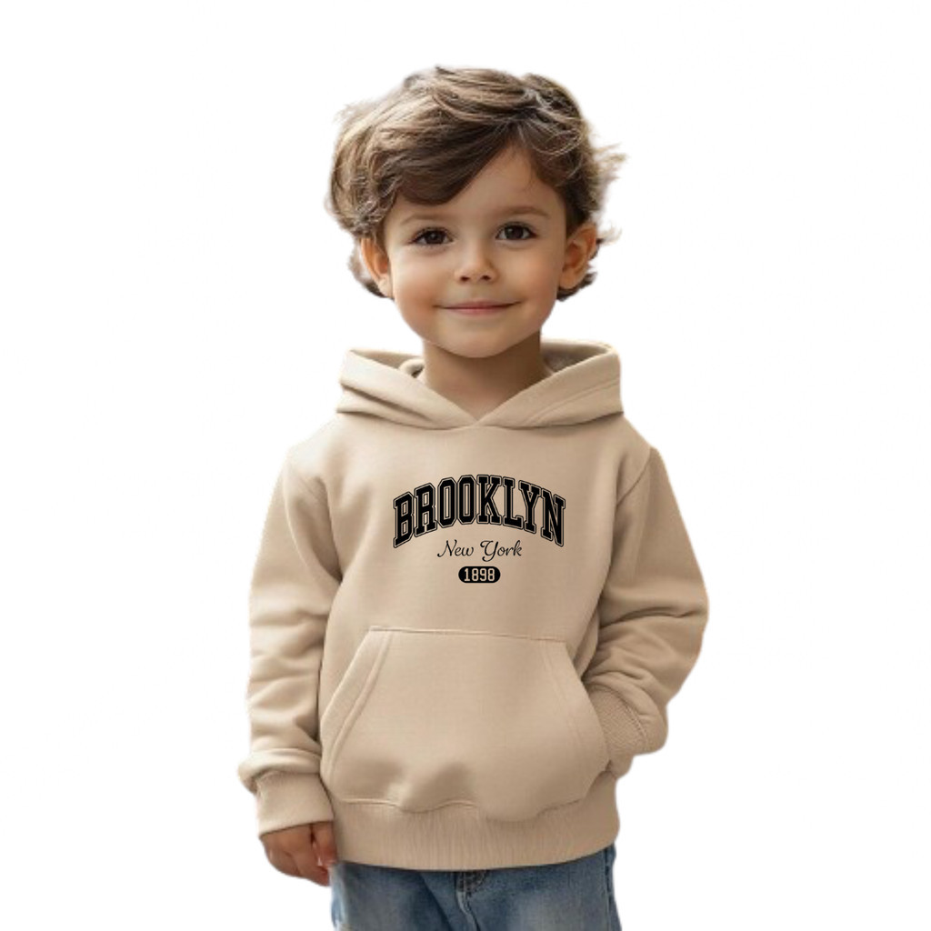 Moletom Infantil Estampado Brooklyn New York Peluciado Blusa Com Capuz Canguru