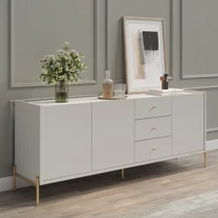 Buffet Moderno com Gavetas e Pés de Aço Jasper Branco/Off White Fosco/Dourado OffWhite Fosco/Dourado
