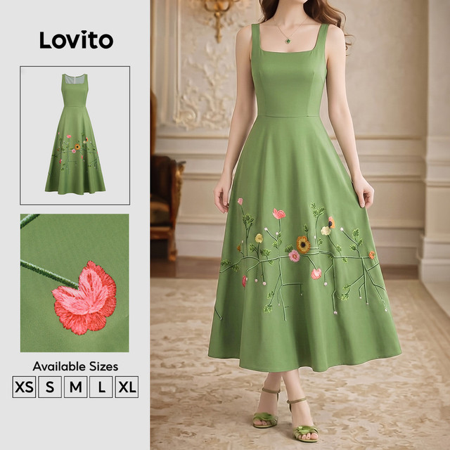 Lovito Vestido Boho Retrô Com Zíper Elegante Vestido Verde Para Primavera/verão Feminino DRB201P1D485