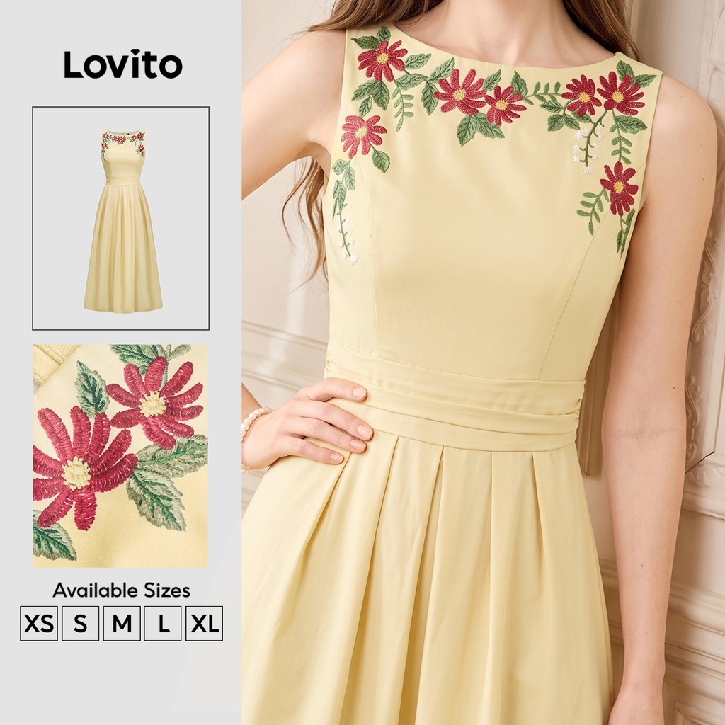 (New Arrival) Lovito Vestido Elegante com Drapeado Estampa Amarela Primavera/verão para mulheres DRK9P1D246
