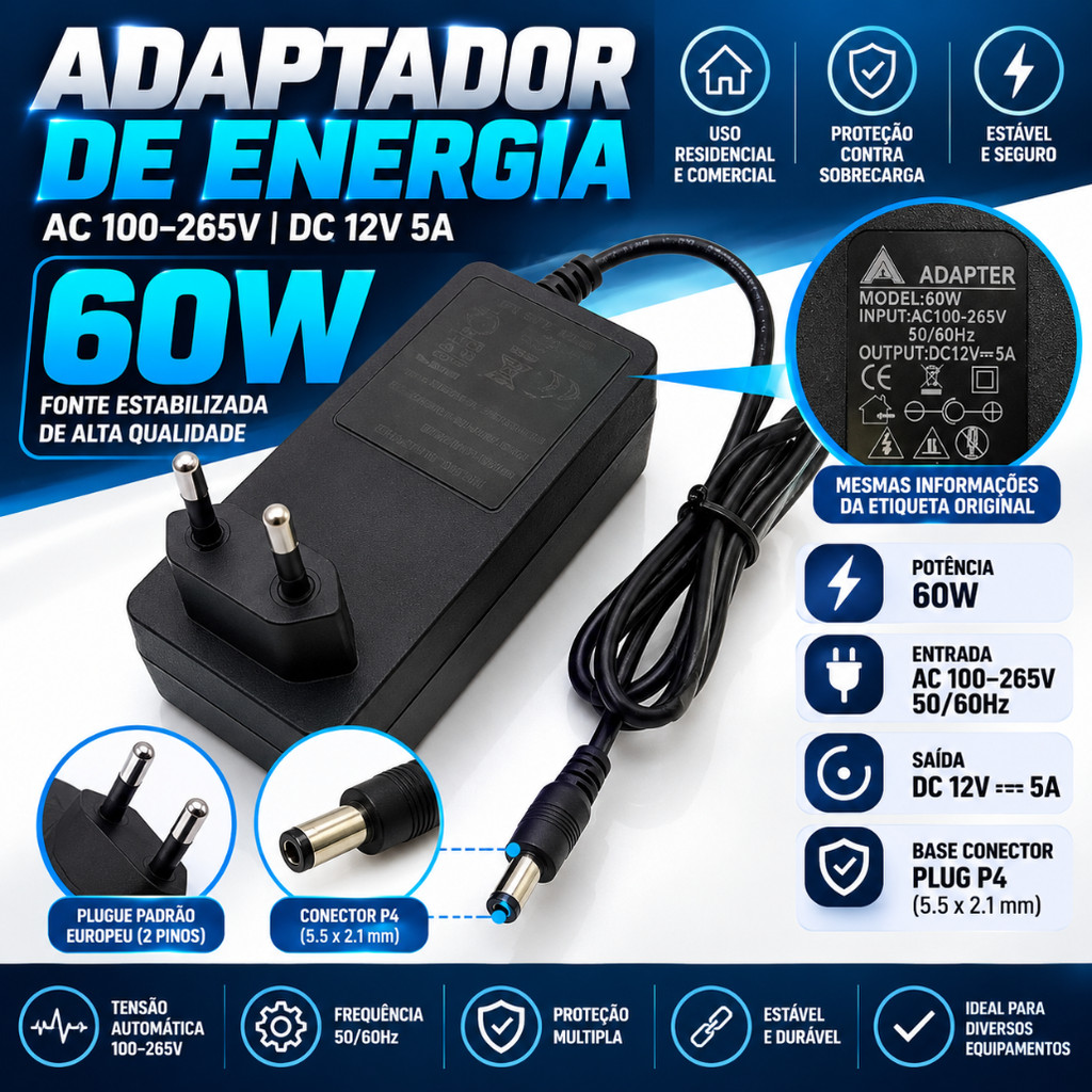 Fonte Chaveada Preto com LED Bivolt 10A 120W