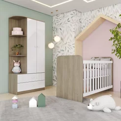 Quarto de Bebê Compacto com Berço e Guarda Roupa Sonho Encantado Espresso Móveis Marrom/Rústico/Branco