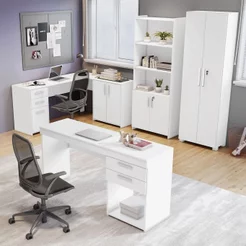 Conjunto 4 Peças com Mesa para Escritório em L 1, Escrivaninha, Armário Multiuso Aberto e Fechado Branco Branco