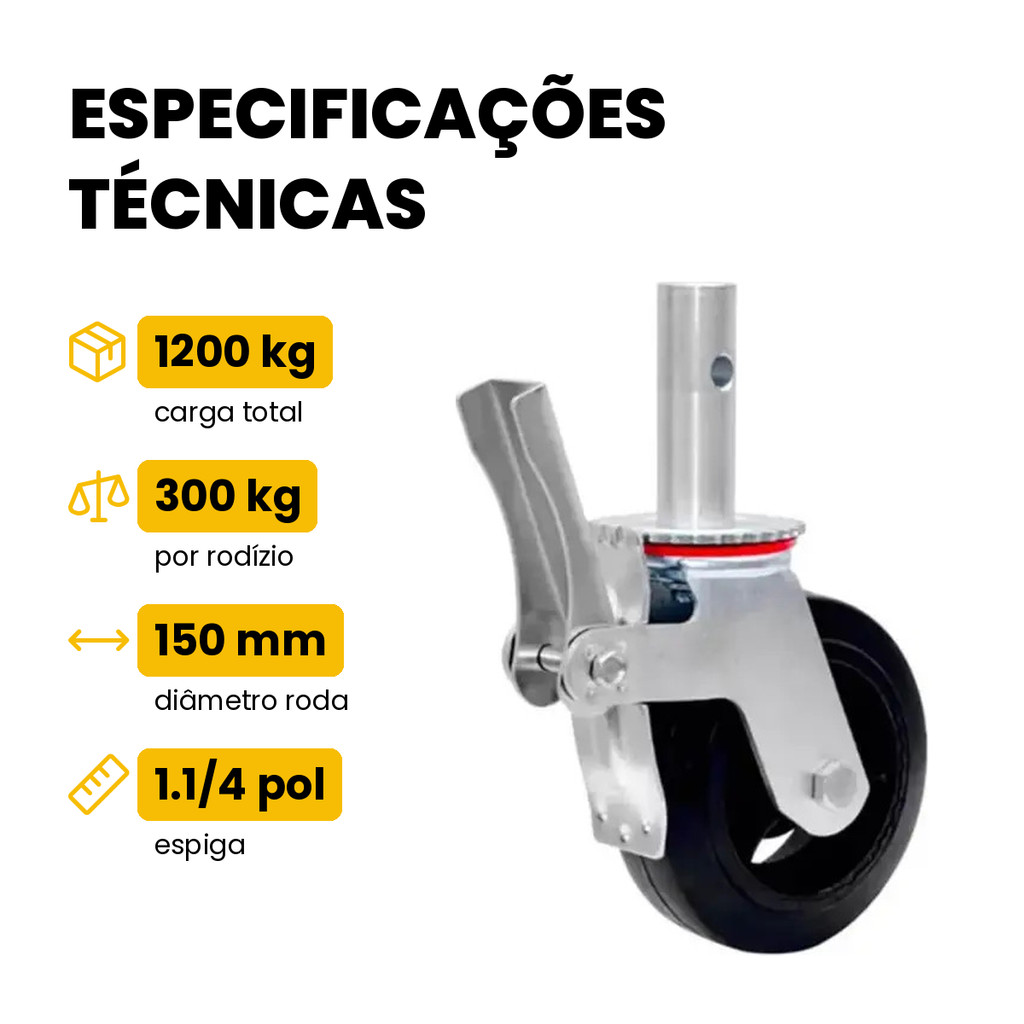 Kit 4 Rodízios para Andaime Giratórios com Freio Total 1200kg JST 6x2 Pol · foto 2