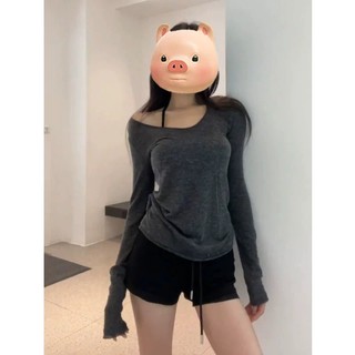 Cinza com decote em V Irregular ombro inclinado camisola feminina 2026 início do outono novo estilo fino ajuste interior
