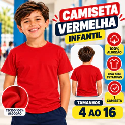 Camiseta Vermelha 100% Algodão - Infantil 4 ao 16