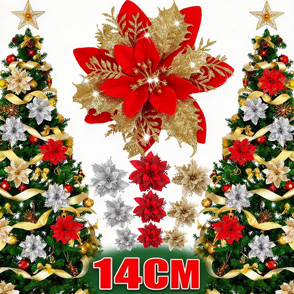 10/5pcs 14cm Glitter Flores De Natal Artificiais X Ornamentos Feliz Decorações Para O Ano Novo Em Casa-SS — imagem 2 de 2