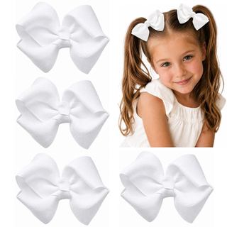 0F4B Laços de Cabelo para Meninas, Pacote com 4 Laços de Cabelo Brancos de Fita de Gorgorão de 3,5 Polegadas com Presilh