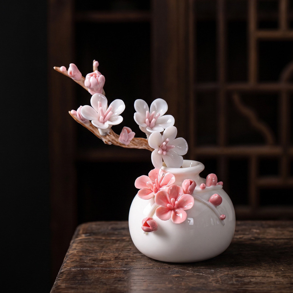 Novo estilo Dehua cerâmica pintada à mão flor de ameixa pequeno vaso não-esquerda artesanal pequena flor Ware sala de es