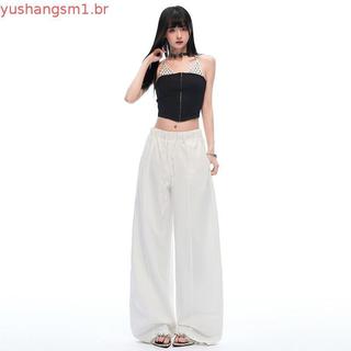 Estilo coreano cordão cintura elástica calças casuais femininas verão fino cintura alta solta Drape All-Match preguiçoso