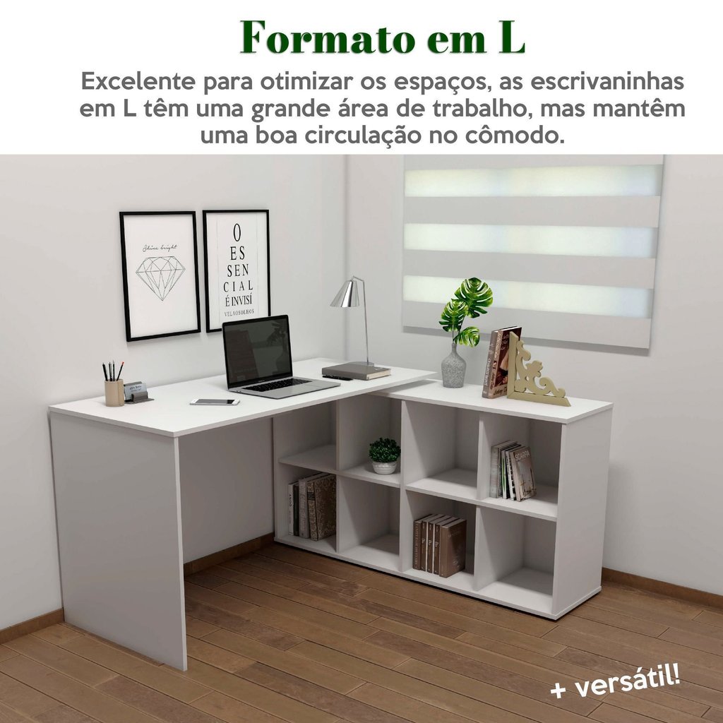 Escrivaninha Mesa Escritório Ergonômica e Atemporal em L com para Armazenamento Nero 8 Nichos 135cm Branco · foto 2