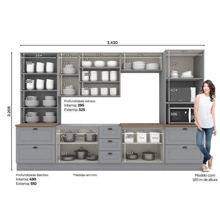 Cozinha Completa Modulada 6 Peças com Cristaleira Emily Espresso Móveis Cinza/Nature Cinza/Nature · foto 2