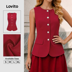 Lovito Elegante Blusa Feminina by com Botões Frontais Primavera/Verão Vermelho LK2LD422