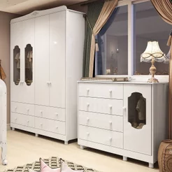 Quarto Infantil com Guarda-Roupas e Cômoda com Janelas 100% MDF Maya Provençal Yescasa Branco/Brilho Branco Brilho