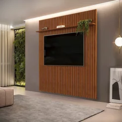 Painel Ripado para TV até 75 Polegadas MDF 223CMX240CM 1 Prateleira Trento Marrom Freijó