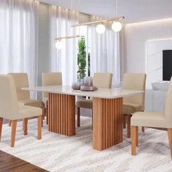 Conjunto Sala de Jantar 6 Lugares Retangular Tampo de Vidro/MDF Ester Cadeiras Maia Marrom/Cinamomo/Offwhite/Gengibre