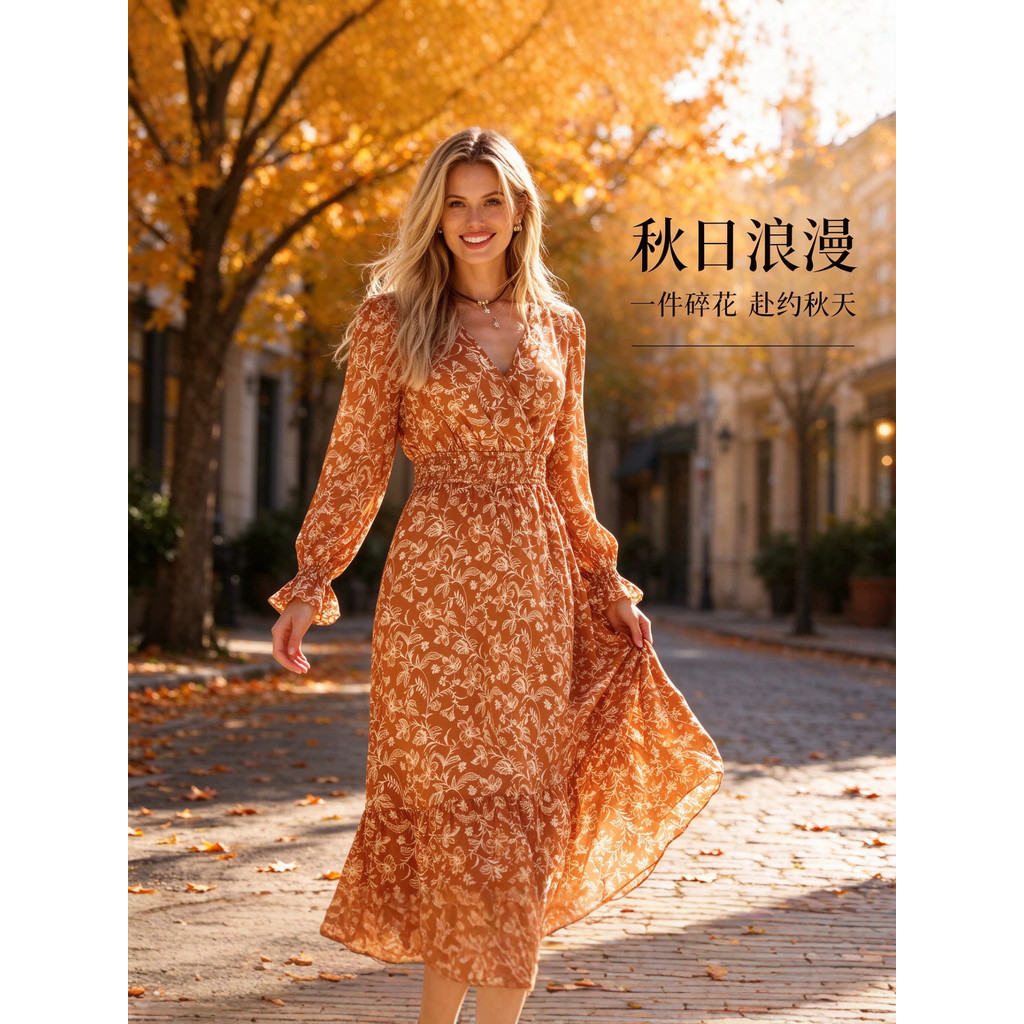 Vestido longo feminino elegante e sofisticado, com corte acinturado, mangas compridas, decote em V, estampa irregular e 
