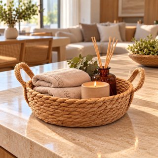 Cesto de Palha Natural Redondo Decorativo com Alças para Organização e Decoração