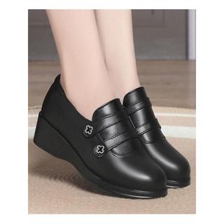 Sapatos femininos de couro com sola macia e salto cunha, sapatos antiderrapantes de boca profunda, não cansados, primave