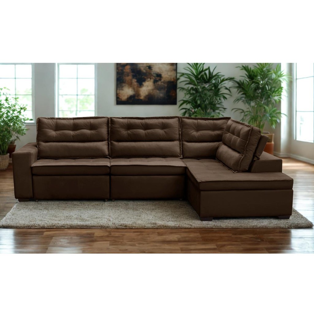 Sofá de Canto Retrátil e Reclinável com Molas 3,00x2,00 Viena Suede Marrom Mirra Decor