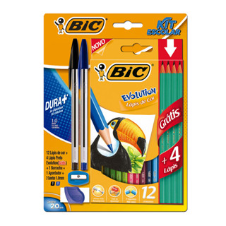 Kit escolar lápis de cor 12 cores Evolution + cristal + lápis + apontador + borracha 20 itens Bic em Oferta na Shopee