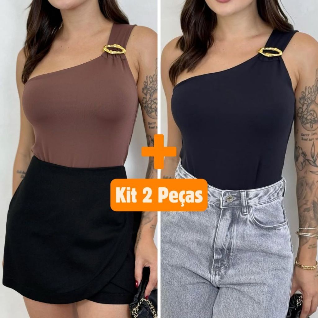 Kit 2 Blusas Feminina Nula Manga Argola Assimetrica Dourada Suplex Elegante Mula Manca Verão